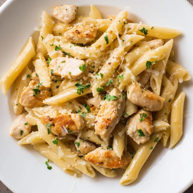 Golden chicken and tender pasta in a rich Quick Garlic Parmesan Chicken Pasta sauce, smelling delicious and savory.