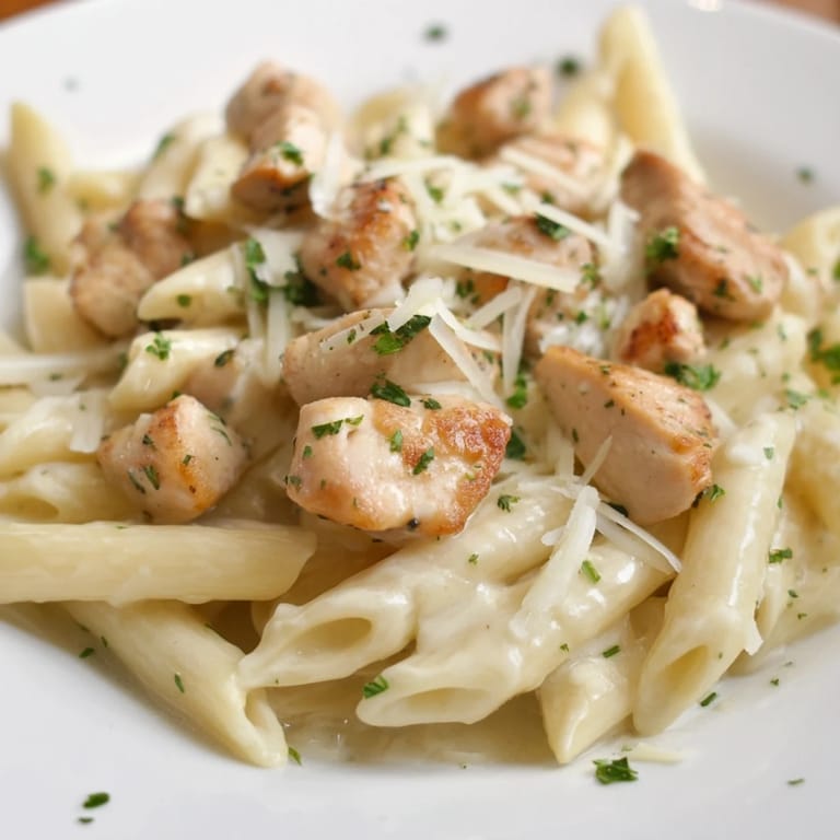 Fresh parsley garnishes a bowl of Quick Garlic Parmesan Chicken Pasta, a comforting weeknight family dinner option.