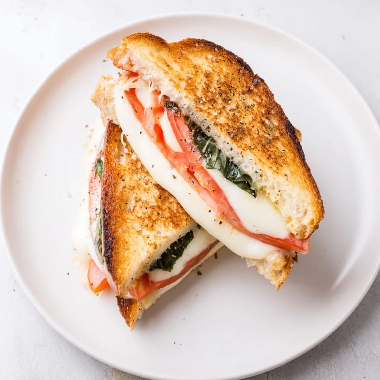 Melting mozzarella in a Tomato Basil Grilled Cheese, with vibrant basil and toasty bread edges.