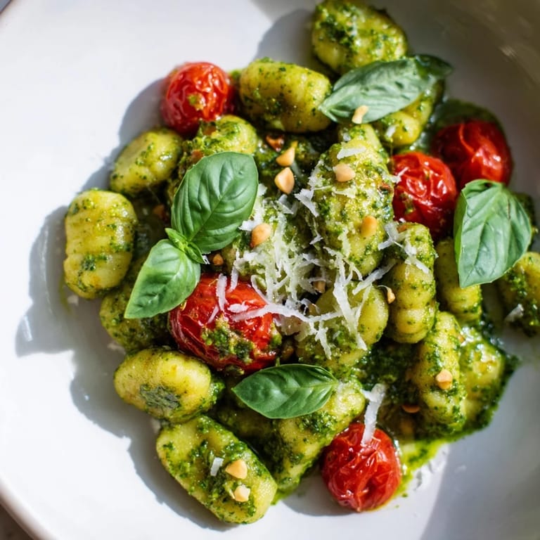 Close-up of freshly made Crispy Gnocchi with Pesto, fragrant basil, and Parmesan cheese, perfect Italian dinner.
