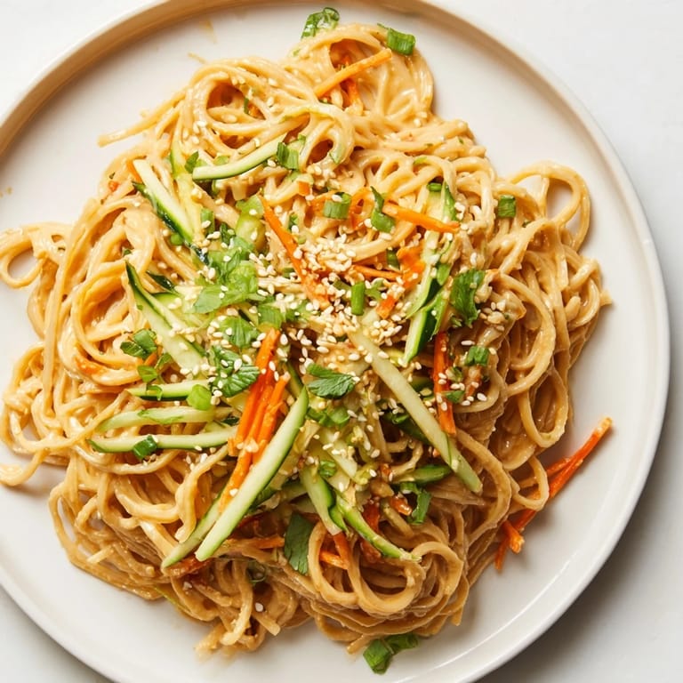 Enjoy a delicious plate of cold sesame noodles, with crunchy vegetables and a perfect sesame-peanut sauce.