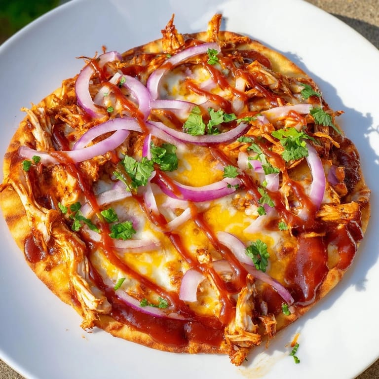 Golden-crusted BBQ Chicken Flatbread, oozing with melted cheese and delicious barbecue sauce.