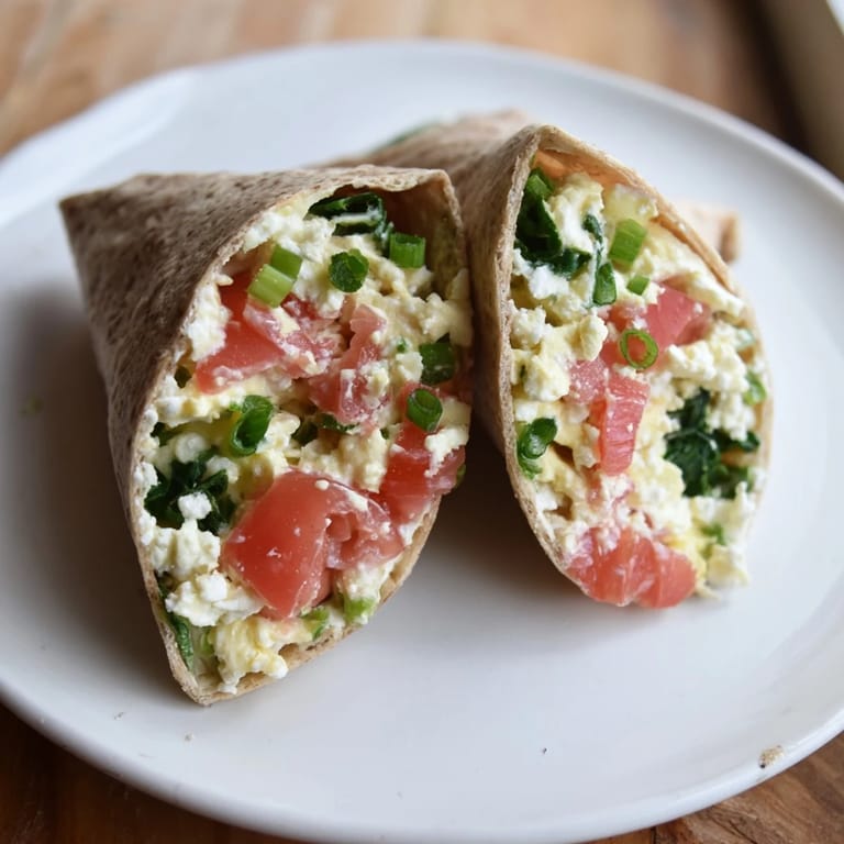Delicious, protein-rich feta egg wrap, filled with scrambled eggs and colorful toppings, ready to enjoy.