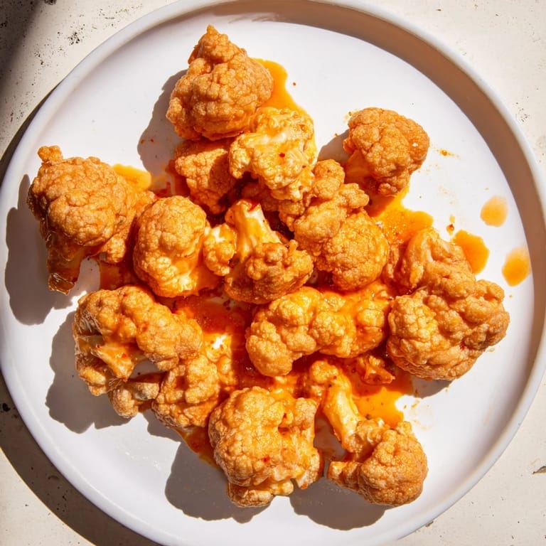 Vibrant image of Buffalo Cauliflower Bites, air-fried to golden perfection, with a spicy coating.
