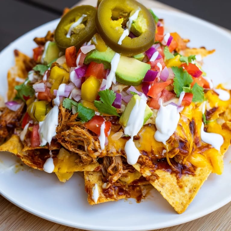 A platter of Loaded Nachos piled high with pulled pork, spicy jalapeños, and creamy cheese, ready to devour!