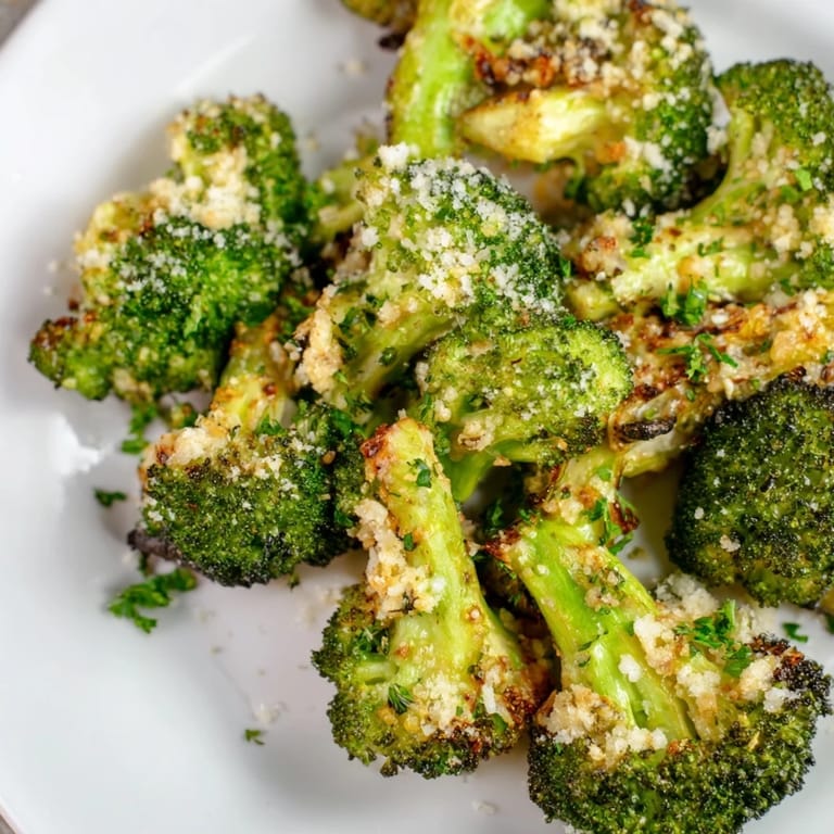 Close-up of Garlic Parmesan Roasted Broccoli, perfectly roasted with a cheesy, garlic aroma.
