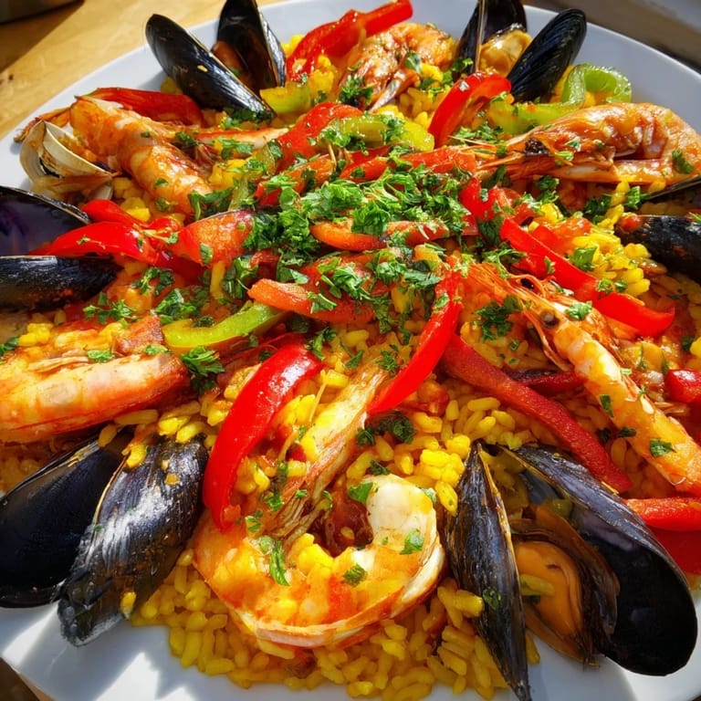 A steaming paella pan brimming with fresh Spanish Seafood Paella, colorful seafood and vegetables.