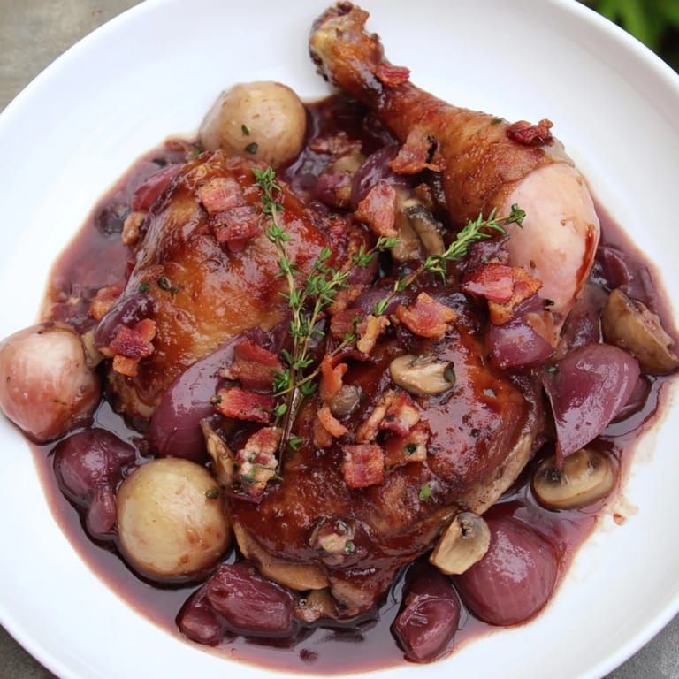 A close-up of steaming Coq au Vin shows glistening chicken pieces in a red wine sauce.