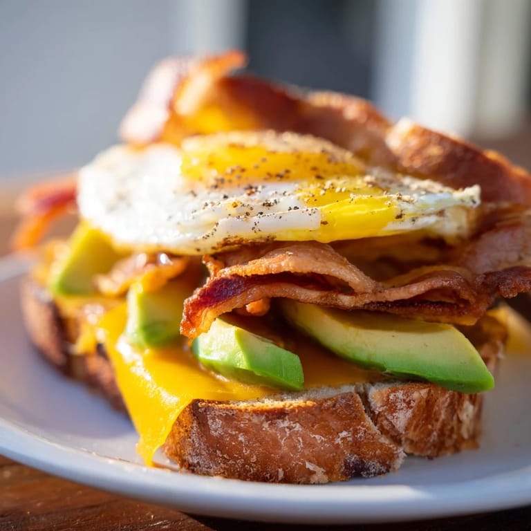 Golden toasted bread cradles a delicious loaded breakfast sandwich with a perfectly fried egg.