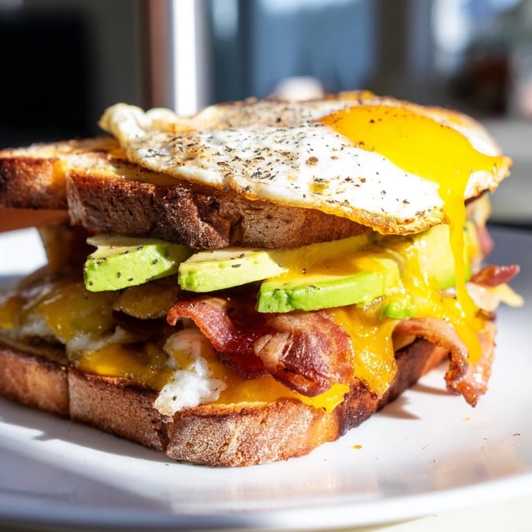 This loaded breakfast sandwich showcases a satisfying mix of flavors and textures for breakfast enjoyment.