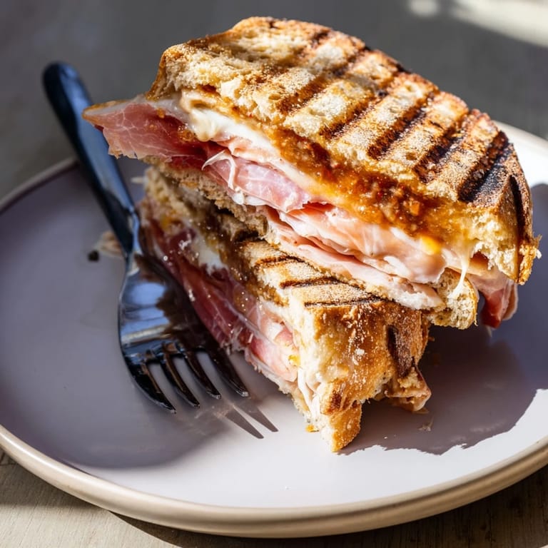 Sliced, golden-brown Crispy Prosciutto & Fig Panini, oozing creamy cheese for an easy lunch.