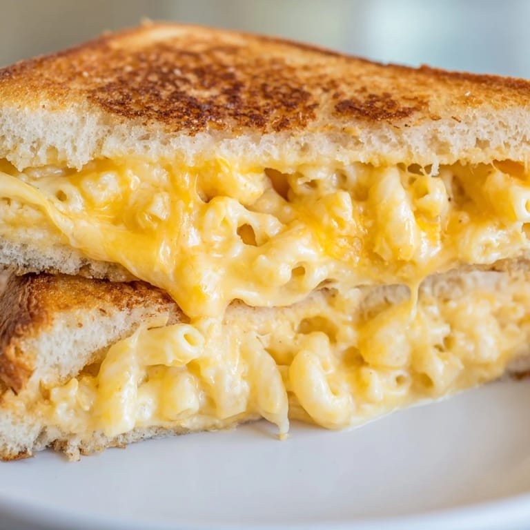 Served hot and sliced diagonally, this Mac & Cheese Grilled Cheese is the ultimate comfort food lunch.