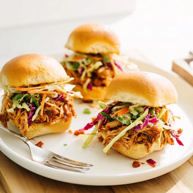 Tender BBQ chicken sliders featuring smoky sauce and crisp slaw, ready to serve with extra barbecue sauce on the side.