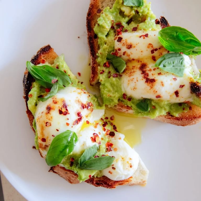 Hot avocado mozzarella tartine is served on a baking tray, olive oil drizzle and red pepper flakes nearby.