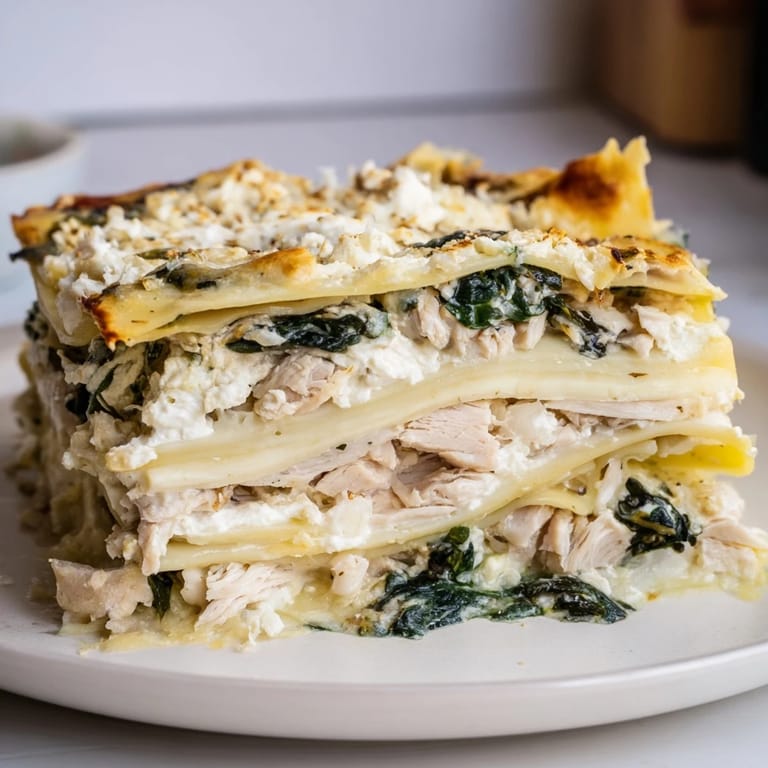 Hearty Chicken Alfredo Lasagna bubbling golden brown from the oven, topped with fresh parsley and ready to serve for dinner.