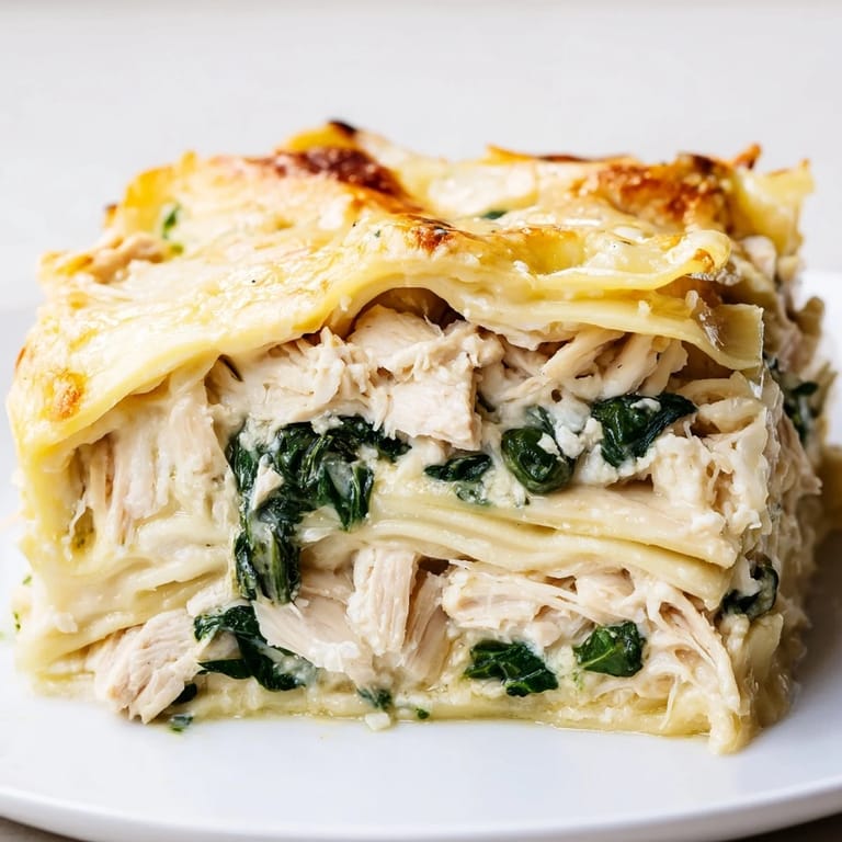 Close-up of rich Chicken Alfredo Lasagna layers, showing velvety Alfredo sauce, spinach, and gooey cheese between pasta sheets.