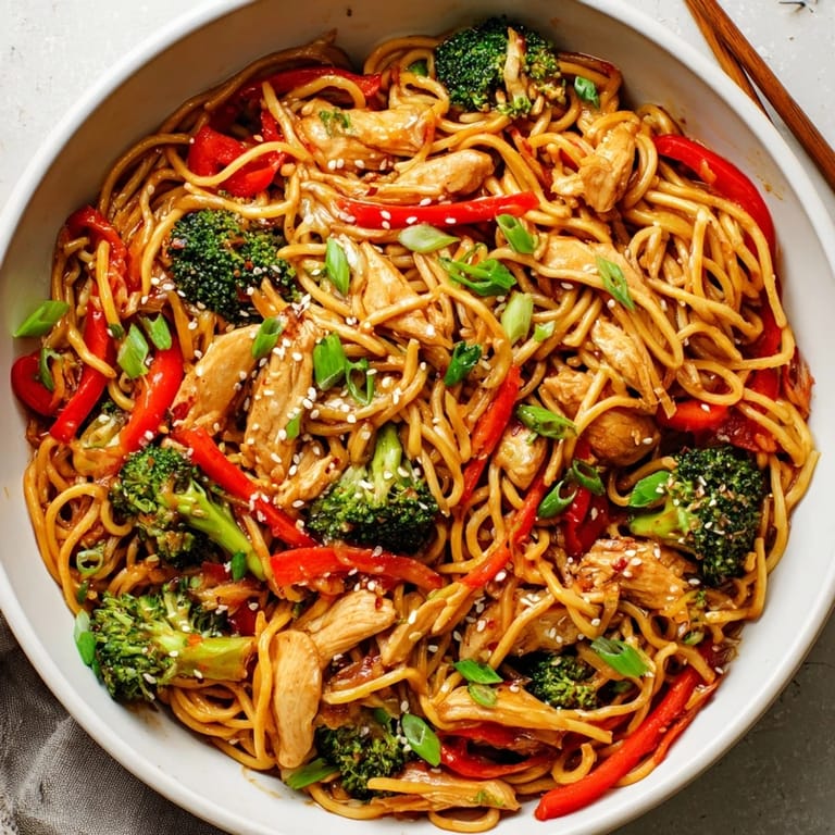 Close-up of vibrant Spicy Ramen Stir-Fry noodles tangled with julienned carrots and green onions, garnished with toasted sesame seeds and cilantro.