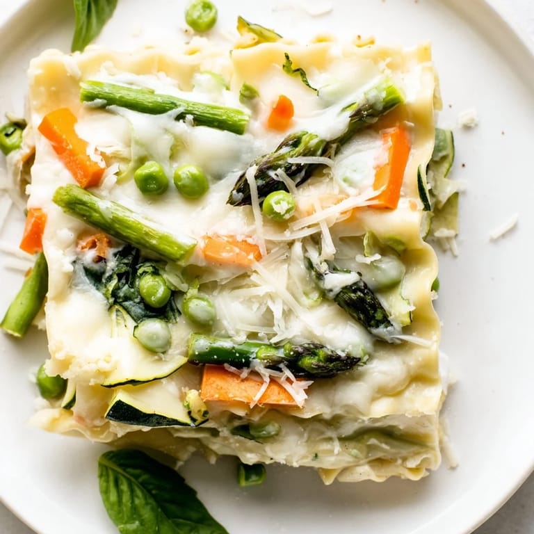 Golden-brown Spring Veggie Alfredo Lasagna bubbling from the oven, garnished with fresh basil and Parmesan.