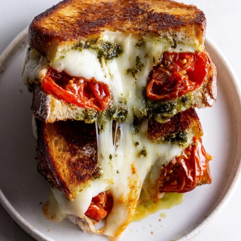 Fresh basil garnish highlights the vibrant layers of this Roasted Tomato Pesto Grilled Cheese, perfect for a comforting lunch.