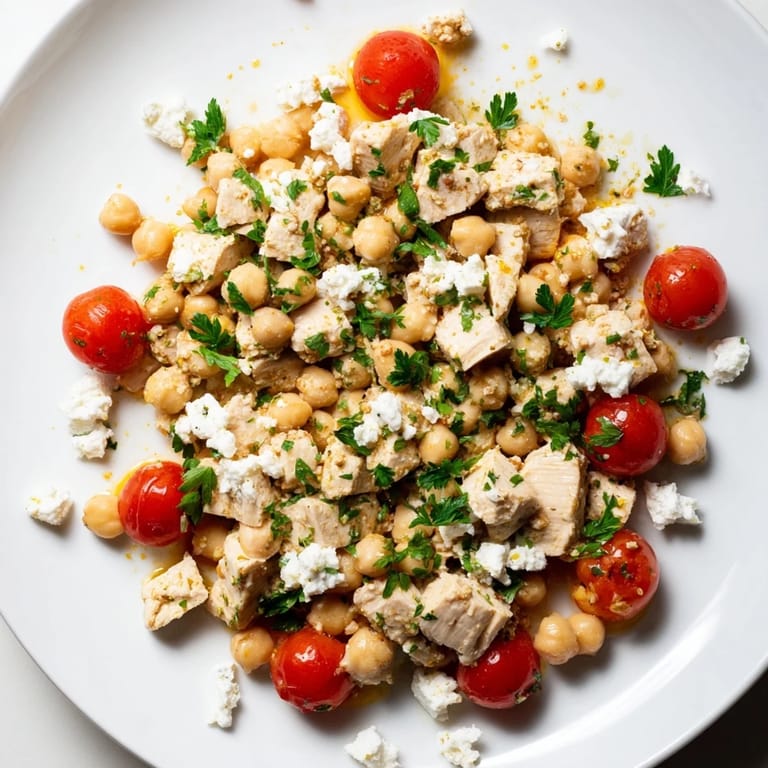 Freshly tossed Mediterranean Chickpea Chicken Salad ready to serve, garnished with parsley and lemon wedges.