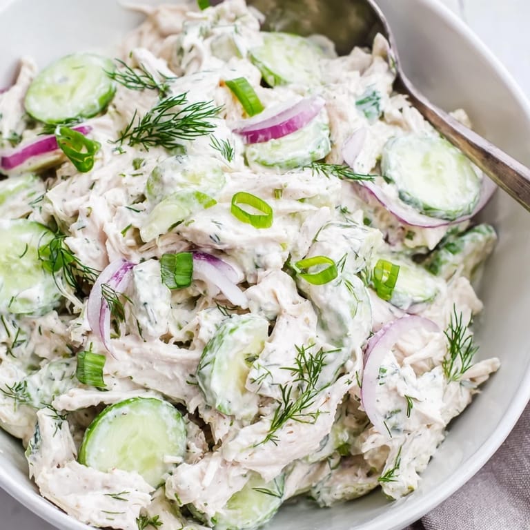 A fork lifts a bite of Creamy Cucumber Chicken Salad with crisp cucumber slices and tender chicken.
