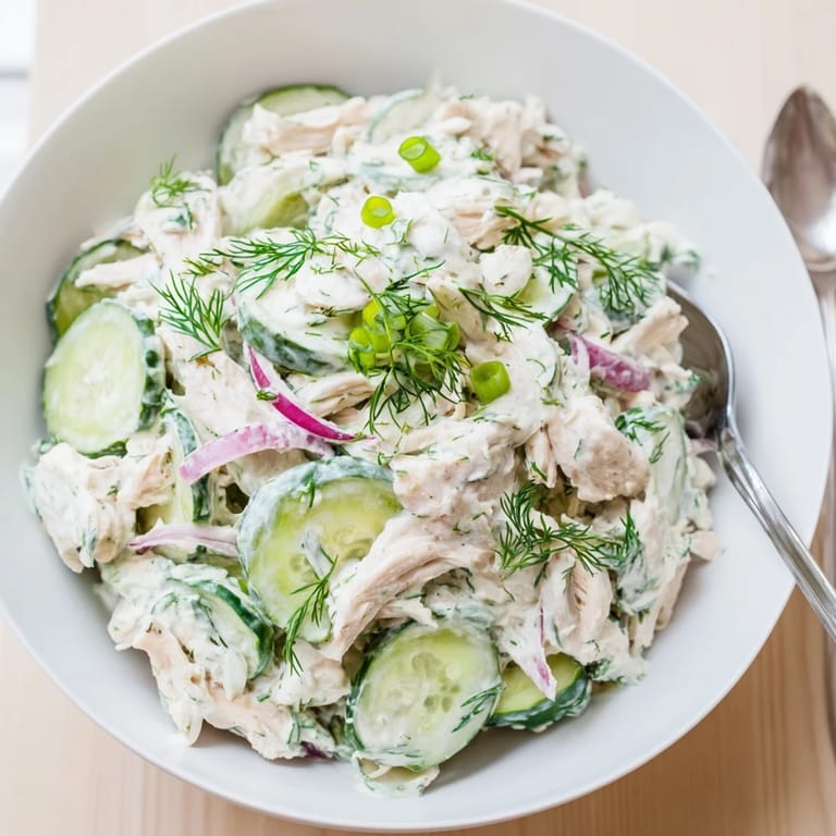 Creamy Cucumber Chicken Salad served in lettuce cups, perfect for a light high-protein lunch.