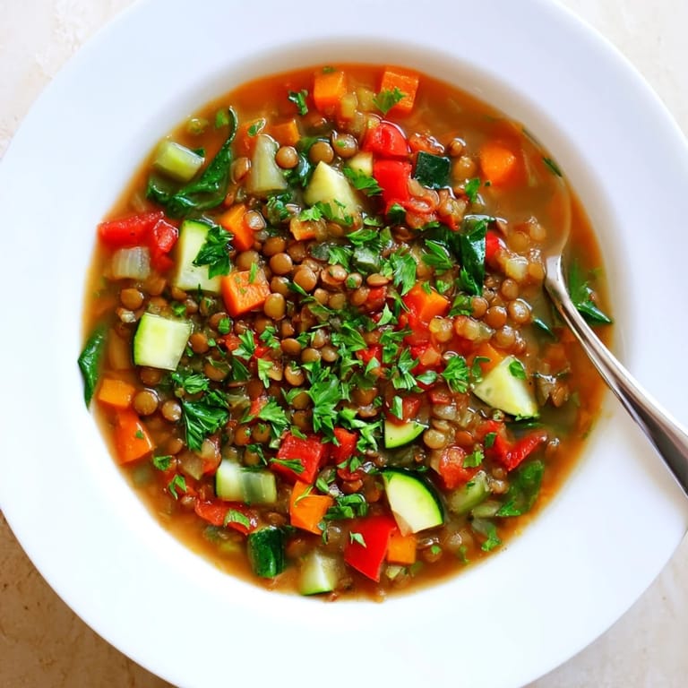 A ladle lifting a hearty portion of Lentil and Vegetable Soup from a rustic pot, revealing chunks of zucchini, bell pepper, and aromatic spices.
