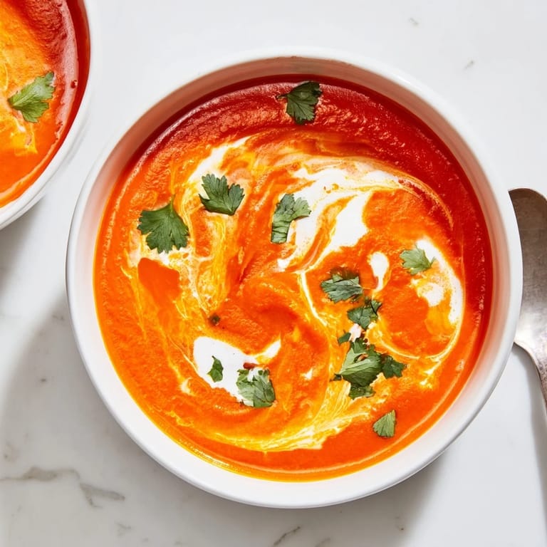 A spoon dipping into a bowl of creamy Roasted Red Pepper Soup, revealing its silky texture and rich, roasted pepper color.