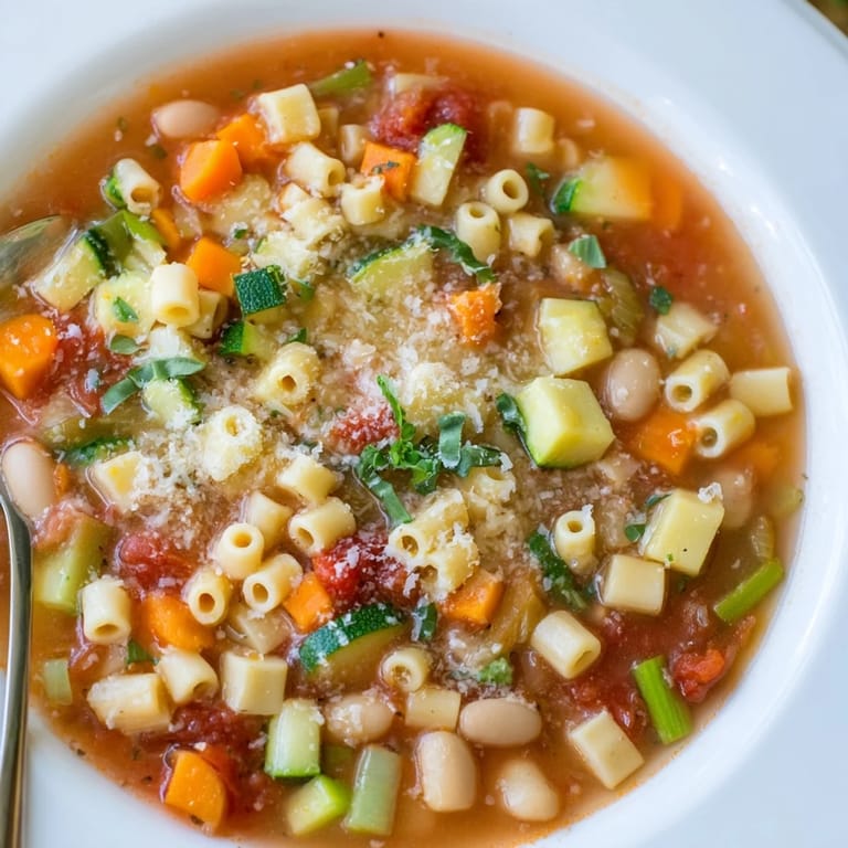 Fragrant Minestrone Vegetable Soup brimming with carrots, zucchini, and green beans, garnished with fresh parsley and a drizzle of olive oil.