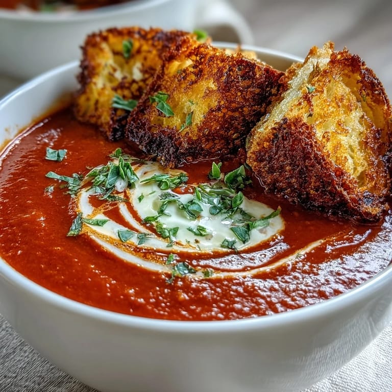 A vibrant bowl of roasted tomato soup promising warmth and delicious, savory flavors.