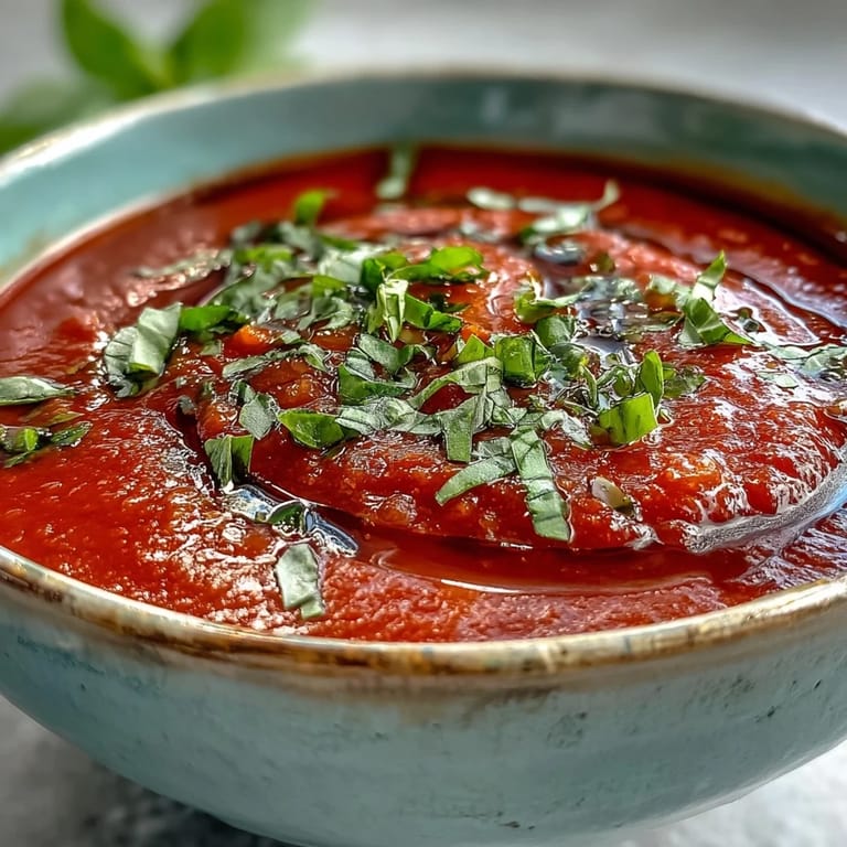 Silky smooth tomato basil soup with a swirl of olive oil and fragrant basil.