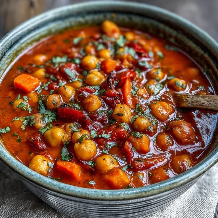 Spicy Chickpea Stew simmering in a pot with steam rising, showcasing vibrant spices and fresh cilantro for garnish.