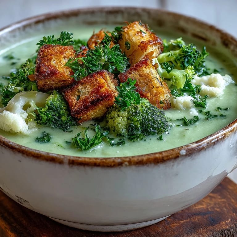 Creamy Cauliflower and Broccoli Soup topped with homemade garlic croutons, served beside a slice of crusty bread.
