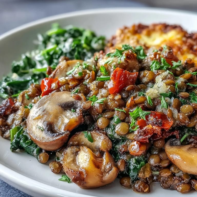 Spoon serving a portion of Green Lentil and Vegetable Casserole revealing tender vegetables on a cozy dinner table.