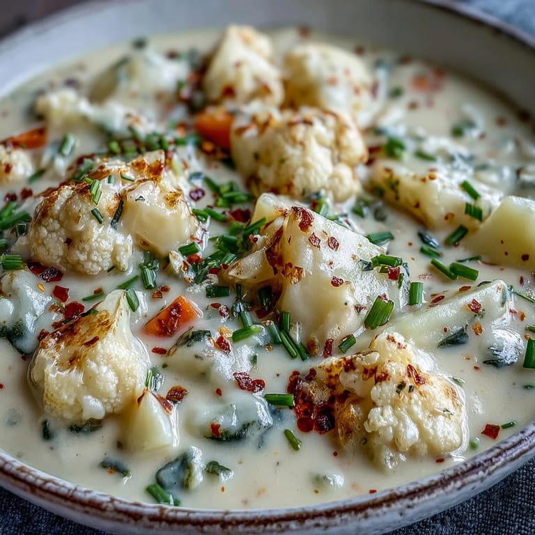 Vegetarian Cauliflower Chowder served with crusty bread, ready for a cozy and comforting meal.