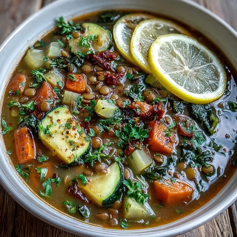 Hearty vegan Lentil Soup in a rustic bowl, featuring tender lentils and vibrant diced zucchini.