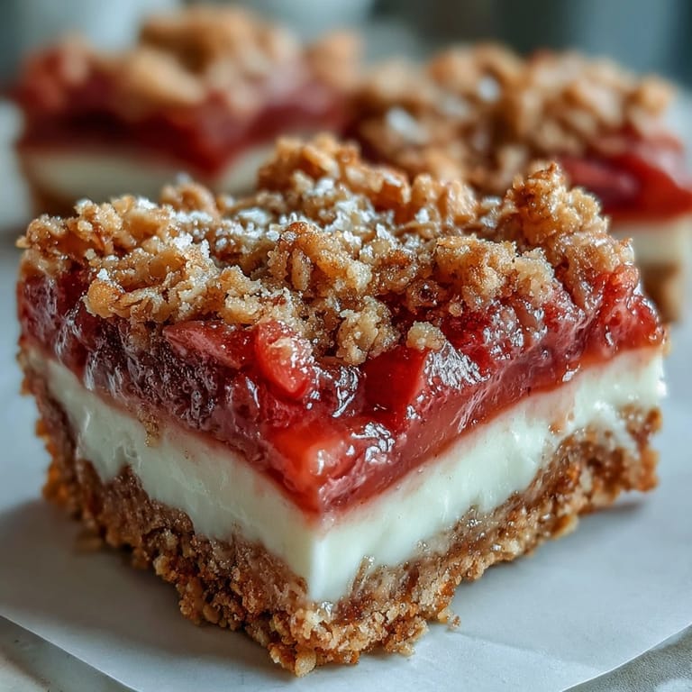 Homemade Rhubarb and Custard Crumble Bars showing a golden crumble topping over a vibrant pink rhubarb and custard filling.