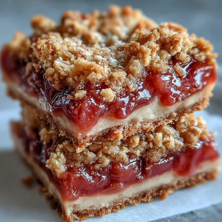Freshly cut Rhubarb and Custard Crumble Bars on a wire rack, perfect for a sweet springtime dessert or afternoon tea.