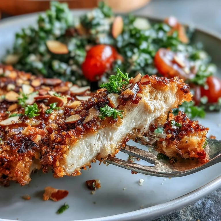 A plated serving of Almond-Crusted Chicken and Marinated Kale and Sumac Salad drizzled with lemon vinaigrette.