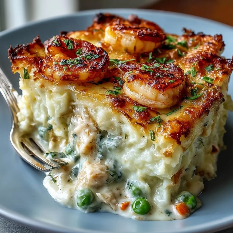 Fork-lifted slice of Curried Fish Pie shows flaky white fish, sweet peas, and a rich golden curry sauce inside.