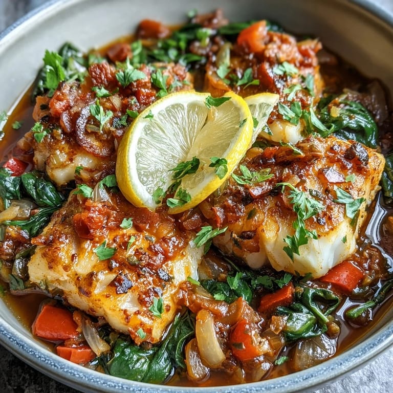 One pot dinner of simmered Spiced Cod One Pot and colorful vegetables, great with crusty bread or rice.