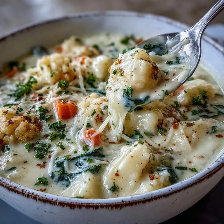 Warm Vegetarian Cauliflower Chowder garnished with red pepper flakes, paired with crusty bread for dipping.
