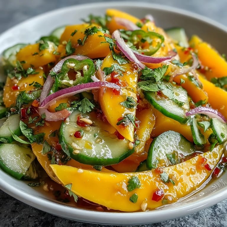 Served in a white bowl, the vibrant Refreshing Mango Salad with Lime Dressing features glossy mango slices and crunchy veggies glistening with tangy citrus dressing.