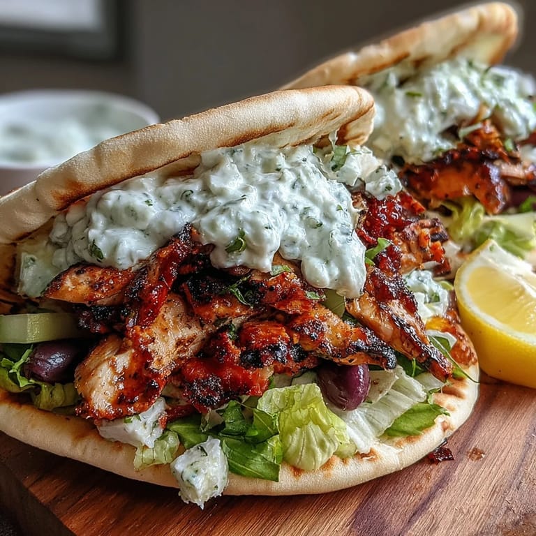 Stacked Mediterranean Chicken Gyros drizzled with creamy feta tzatziki and garnished with fresh dill, ready for a delicious weeknight dinner.