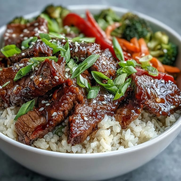 Glazed beef slices and colorful veggies in Teriyaki Beef Bowl, served hot over a bed of white rice.