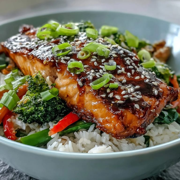 An overhead view of a Teriyaki Salmon Bowl garnished with sesame seeds and green onions, ready to serve.
