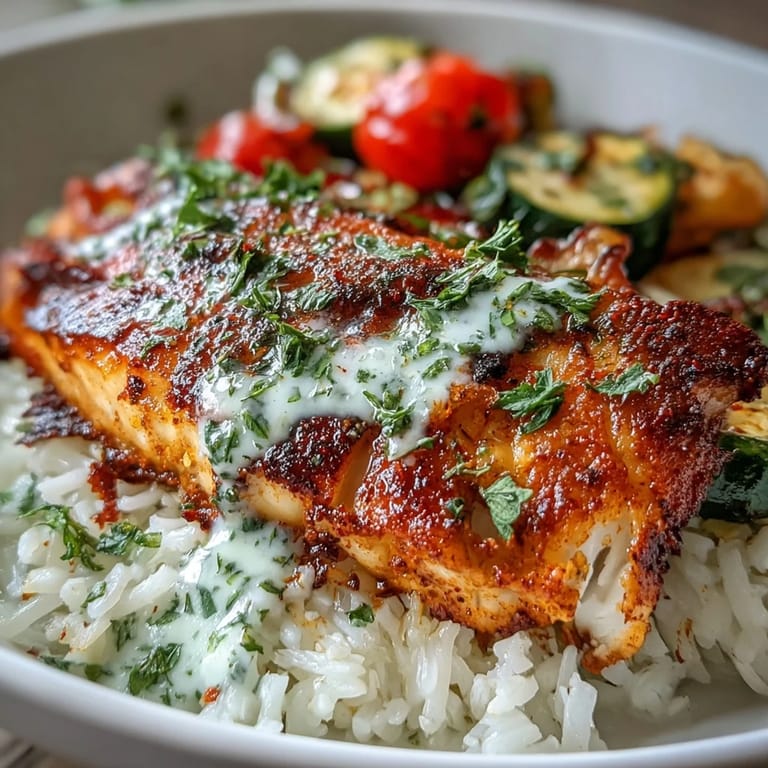 Close-up of flaky white fish and colorful roasted vegetables over steamed rice in a Pan-Seared Fish Bowl, ready to serve.