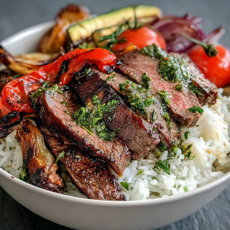 A freshly prepared Grilled Steak Bowl features juicy steak slices, rice, and roasted veggies, ideal for a satisfying weeknight dinner.