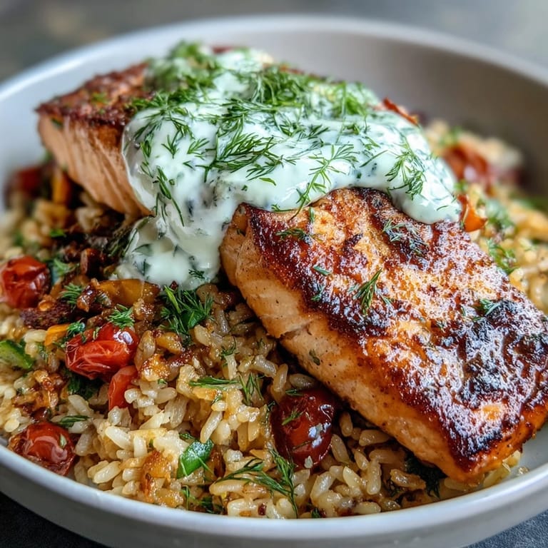 Zesty lemon-yogurt sauce and colorful roasted vegetables complement crispy rice and flaky salmon in this Mediterranean fusion bowl.