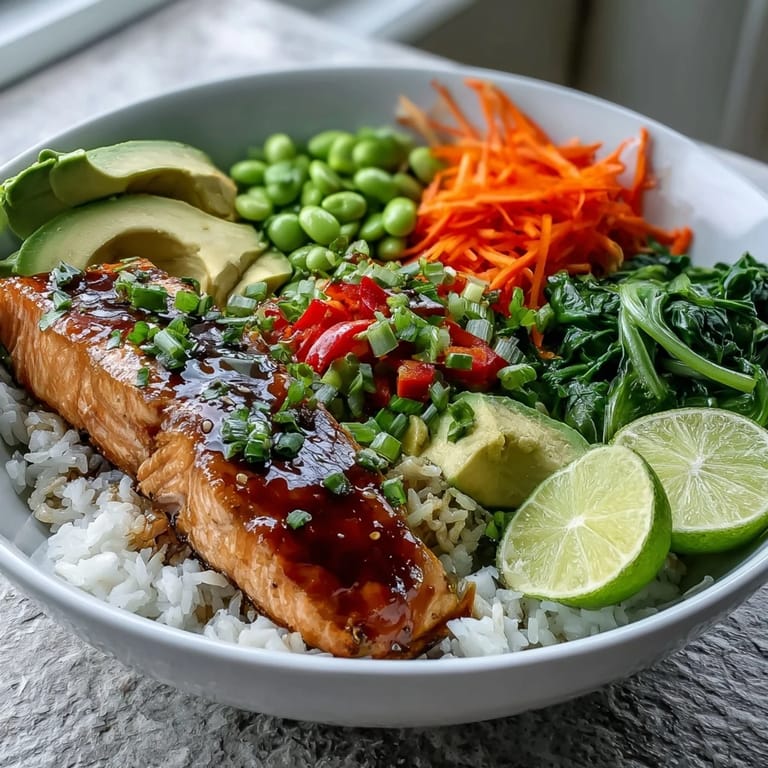 Healthy soy ginger salmon bowl garnished with green onions and sesame seeds, ready for a quick dinner.